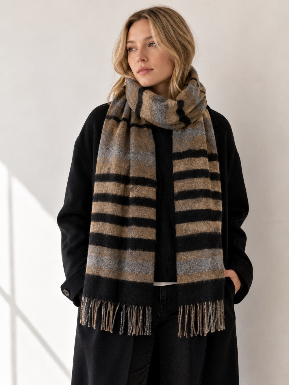 Phenix Wool Blend Oversized Striped Fringe Scarf Tan Black Gray